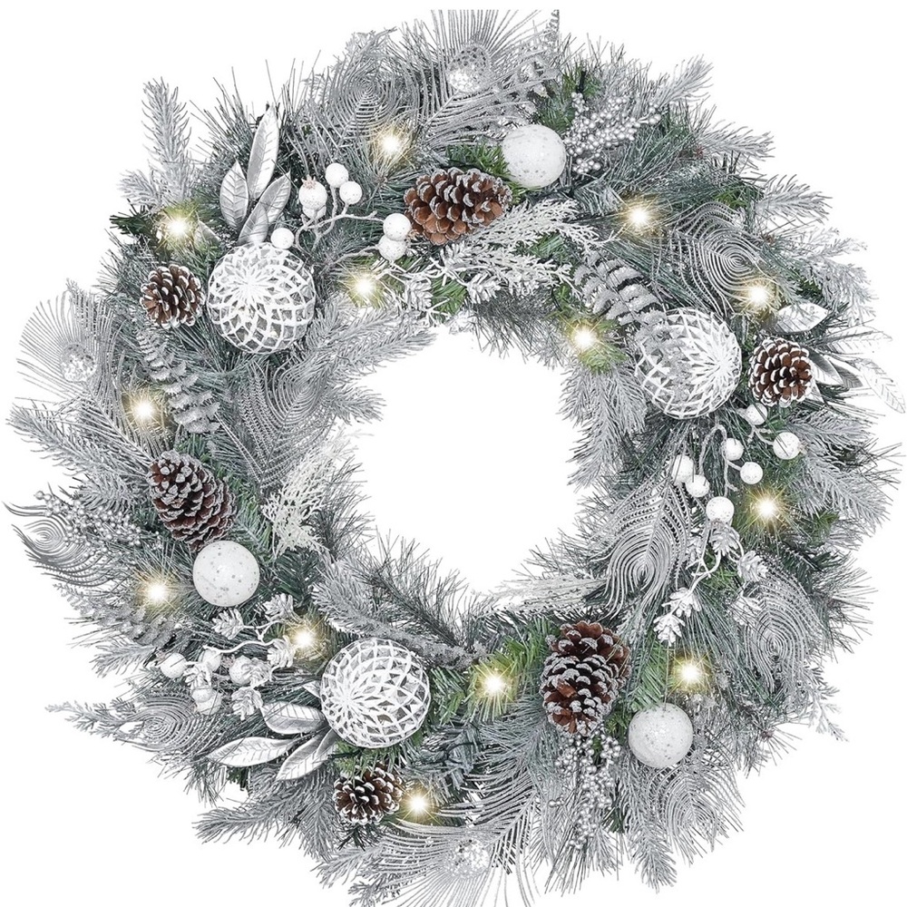 30” Elegant Frosted Pinecone Holiday Wreath with Warm Lights